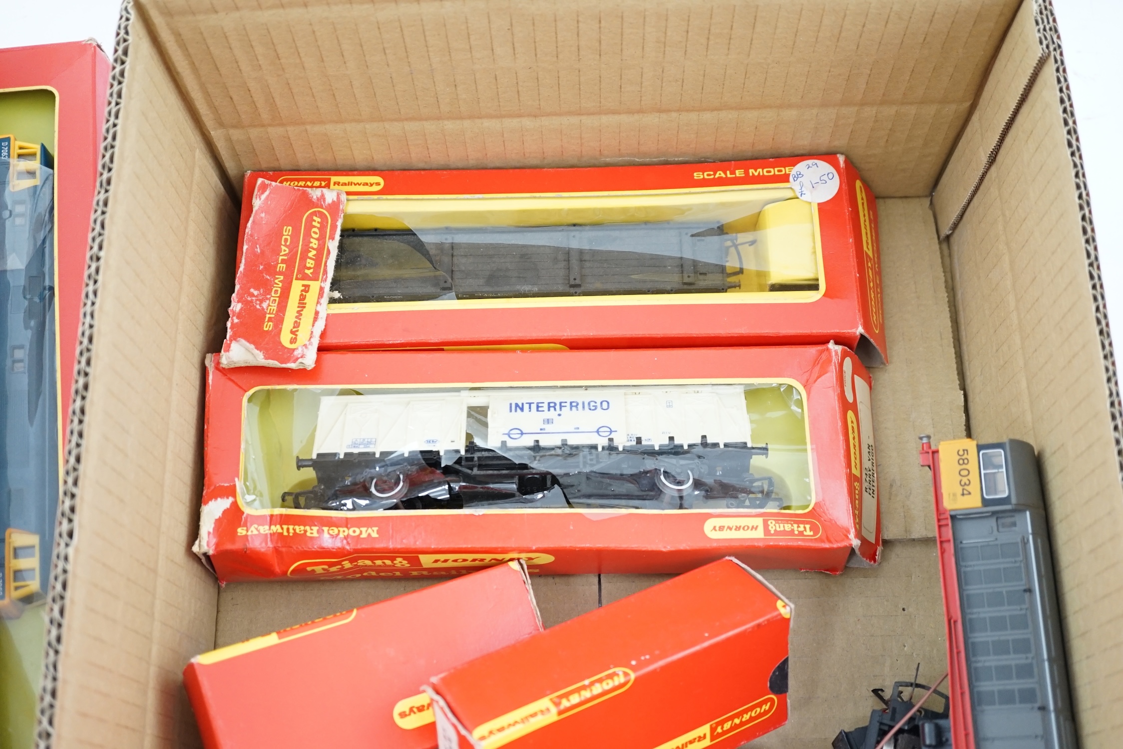 Twenty-three 00 gauge model railway items by Hornby Railways, Lima, etc. including eleven locomotives; a BR Class 50 diesel locomotive, three Hymek diesel locomotives, etc. together with freight wagons, etc. many items b